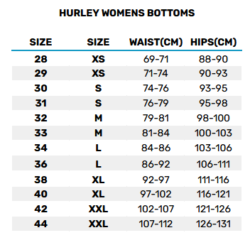 2025 Hurley Womens Bottoms 0 Größentabelle